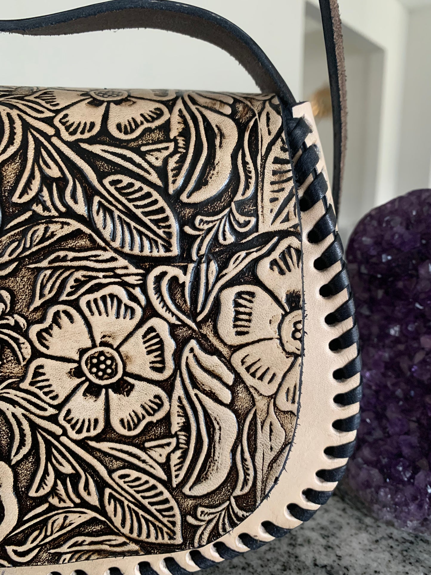 Hand Tooled Large Tote Bag with Exterior Pocket - Mexican Leather Purse - Handbag Leather - Floral Purse