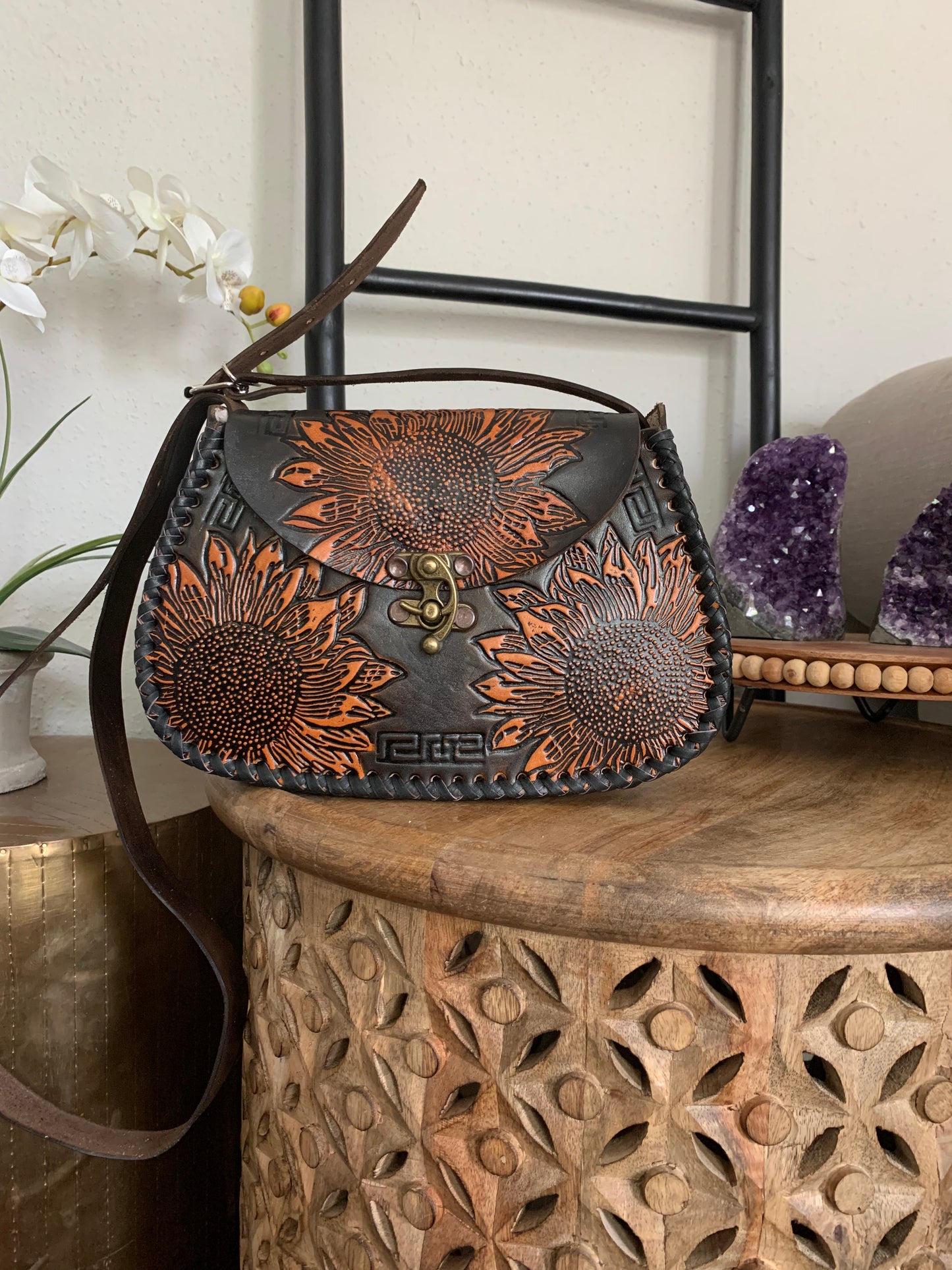 Brown Hand Tooled Leather Sunflower Purse