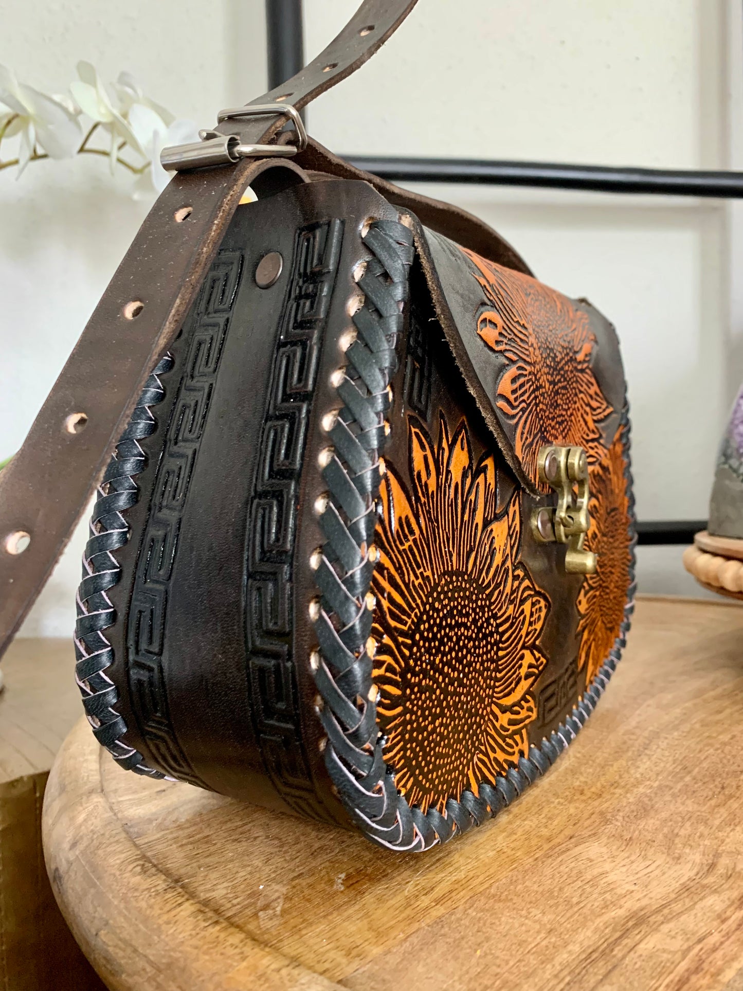 Brown Hand Tooled Leather Sunflower Purse