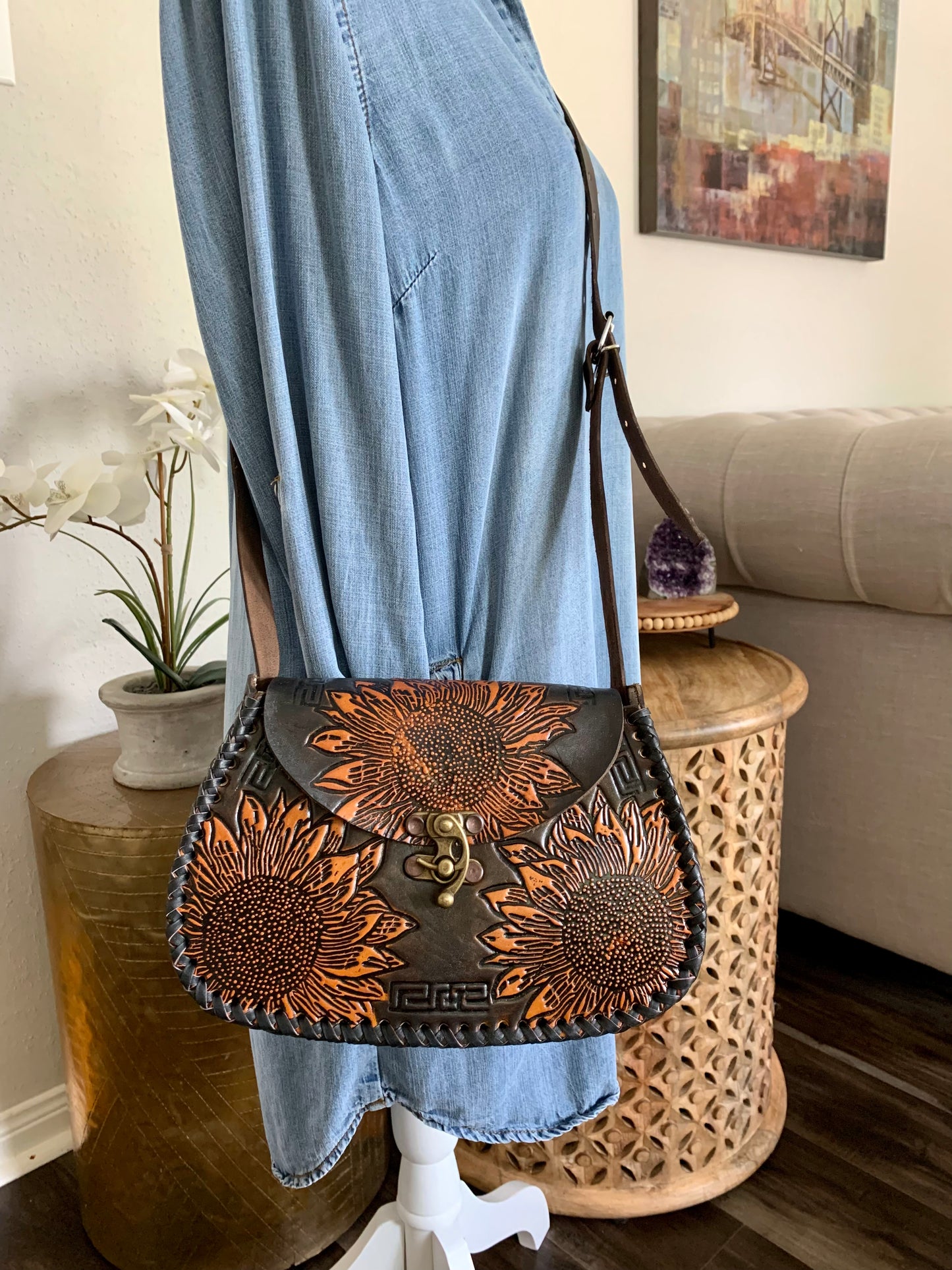 Brown Hand Tooled Leather Sunflower Purse